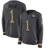 Nike Cincinnati Bengals #1 Ja'Marr Chase Anthracite Super Bowl LVI Patch Salute to Service Women's Stitched NFL Limited Therma Long Sleeve Jersey