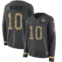 Nike Cincinnati Bengals #10 Kevin Huber Anthracite Super Bowl LVI Patch Salute to Service Women's Stitched NFL Limited Therma Long Sleeve Jersey