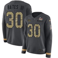 Nike Cincinnati Bengals #30 Jessie Bates Anthracite Super Bowl LVI Patch Salute to Service Women's Stitched NFL Limited Therma Long Sleeve Jersey