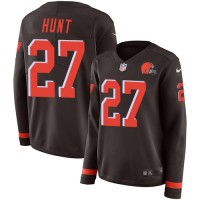 Nike Cleveland Browns #27 Kareem Hunt Brown Team Color Women's Stitched NFL Limited Therma Long Sleeve Jersey