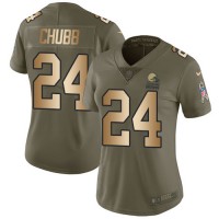 Nike Cleveland Browns #24 Nick Chubb Olive/Gold Women's Stitched NFL Limited 2017 Salute to Service Jersey