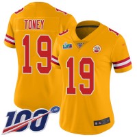 Nike Kansas City Chiefs #19 Kadarius Toney Gold Super Bowl LVII Patch Women's Stitched NFL Limited Inverted Legend 100th Season Jersey
