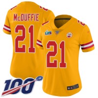 Nike Kansas City Chiefs #21 Trent McDuffie Gold Super Bowl LVII Patch Women's Stitched NFL Limited Inverted Legend 100th Season Jersey