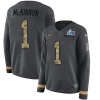 Nike Kansas City Chiefs #1 Jerick McKinnon Anthracite Salute to Service Super Bowl LVII Patch Women's Stitched NFL Limited Therma Long Sleeve Jersey