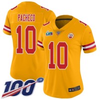 Nike Kansas City Chiefs #10 Isiah Pacheco Gold Super Bowl LVII Patch Women's Stitched NFL Limited Inverted Legend 100th Season Jersey