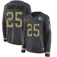 Nike Kansas City Chiefs #25 Clyde Edwards-Helaire Anthracite Super Bowl LVII Patch Salute to Service Women's Stitched NFL Limited Therma Long Sleeve Jersey