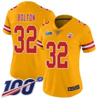 Nike Kansas City Chiefs #32 Nick Bolton Gold Super Bowl LVII Patch Women's Stitched NFL Limited Inverted Legend 100th Season Jersey