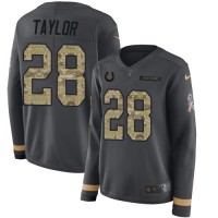 Nike Indianapolis Colts #28 Jonathan Taylor Anthracite Salute to Service Women's Stitched NFL Limited Therma Long Sleeve Jersey