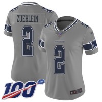 Nike Dallas Cowboys #2 Greg Zuerlein Gray Women's Stitched NFL Limited Inverted Legend 100th Season Jersey