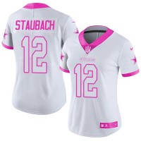 Nike Dallas Cowboys #12 Roger Staubach White/Pink Women's Stitched NFL Limited Rush Fashion Jersey