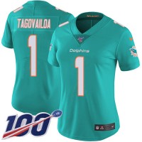 Nike Miami Dolphins #1 Tua Tagovailoa Aqua Green Team Color Women's Stitched NFL 100th Season Vapor Untouchable Limited Jersey