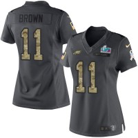 Nike Philadelphia Eagles #11 A.J. Brown Black Super Bowl LVII Patch Women's Stitched NFL Limited 2016 Salute to Service Jersey