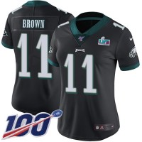 Nike Philadelphia Eagles #11 A.J. Brown Black Alternate Super Bowl LVII Patch Women's Stitched NFL 100th Season Vapor Untouchable Limited Jersey