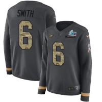 Nike Philadelphia Eagles #6 DeVonta Smith Anthracite Super Bowl LVII Patch Salute to Service Women's Stitched NFL Limited Therma Long Sleeve Jersey