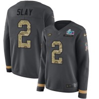 Nike Philadelphia Eagles #2 Darius Slay Anthracite Super Bowl LVII Patch Salute to Service Women's Stitched NFL Limited Therma Long Sleeve Jersey