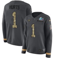 Nike Philadelphia Eagles #1 Jalen Hurts Anthracite Super Bowl LVII Patch Salute to Service Women's Stitched NFL Limited Therma Long Sleeve Jersey