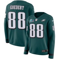 Nike Philadelphia Eagles #88 Dallas Goedert Green Super Bowl LVII Patch Team Color Women's Stitched NFL Limited Therma Long Sleeve Jersey