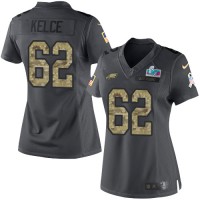 Nike Philadelphia Eagles #62 Jason Kelce Black Super Bowl LVII Patch Women's Stitched NFL Limited 2016 Salute to Service Jersey