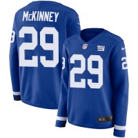 Nike New York Giants #29 Xavier McKinney Royal Blue Team Color Women's Stitched NFL Limited Therma Long Sleeve Jersey