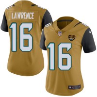 Nike Jacksonville Jaguars #16 Trevor Lawrence Gold Women's Stitched NFL Limited Rush Jersey