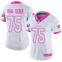 Nike New York Jets #75 Alijah Vera-Tucker White/Pink Women's Stitched NFL Limited Rush Fashion Jersey