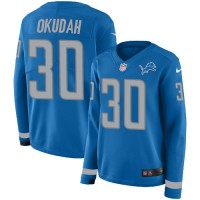 Nike Detroit Lions #30 Jeff Okudah Blue Team Color Women's Stitched NFL Limited Therma Long Sleeve Jersey