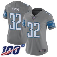 Nike Detroit Lions #32 D'Andre Swift Gray Women's Stitched NFL Limited Rush 100th Season Jersey