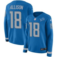 Nike Detroit Lions #18 Geronimo Allison Blue Team Color Women's Stitched NFL Limited Therma Long Sleeve Jersey