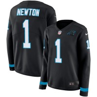 Nike Carolina Panthers #1 Cam Newton Black Team Color Women's Stitched NFL Limited Therma Long Sleeve Jersey