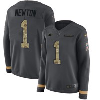 Nike Carolina Panthers #1 Cam Newton Anthracite Salute to Service Women's Stitched NFL Limited Therma Long Sleeve Jersey