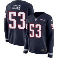 Nike New England Patriots #53 Josh Uche Navy Blue Team Color Women's Stitched NFL Limited Therma Long Sleeve Jersey