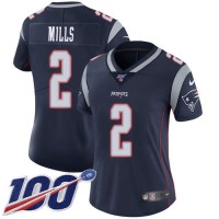 Nike New England Patriots #2 Jalen Mills Navy Blue Team Color Women's Stitched NFL 100th Season Vapor Limited Jersey