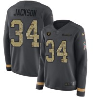 Nike Las Vegas Raiders #34 Bo Jackson Anthracite Salute to Service Women's Stitched NFL Limited Therma Long Sleeve Jersey