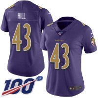 Nike Baltimore Ravens #43 Justice Hill Purple Women's Stitched NFL Limited Rush 100th Season Jersey