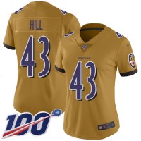 Nike Baltimore Ravens #43 Justice Hill Gold Women's Stitched NFL Limited Inverted Legend 100th Season Jersey