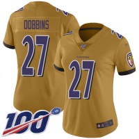Nike Baltimore Ravens #27 J.K. Dobbins Gold Women's Stitched NFL Limited Inverted Legend 100th Season Jersey