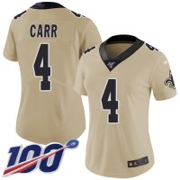 Nike New Orleans Saints #4 Derek Carr Gold Women's Stitched NFL Limited Inverted Legend 100th Season Jersey