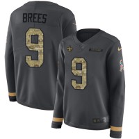 Nike New Orleans Saints #9 Drew Brees Anthracite Salute to Service Women's Stitched NFL Limited Therma Long Sleeve Jersey
