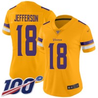 Nike Minnesota Vikings #18 Justin Jefferson Gold Women's Stitched NFL Limited Inverted Legend 100th Season Jersey