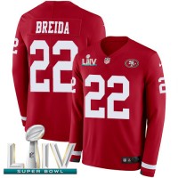 Nike San Francisco 49ers #22 Matt Breida Red Super Bowl LIV 2020 Team Color Youth Stitched NFL Limited Therma Long Sleeve Jersey