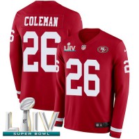 Nike San Francisco 49ers #26 Tevin Coleman Red Super Bowl LIV 2020 Team Color Youth Stitched NFL Limited Therma Long Sleeve Jersey