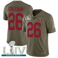 Nike San Francisco 49ers #26 Tevin Coleman Olive Super Bowl LIV 2020 Youth Stitched NFL Limited 2017 Salute To Service Jersey