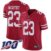 Nike San Francisco 49ers #23 Christian McCaffrey Red Team Color Youth Stitched NFL 100th Season Vapor Limited Jersey