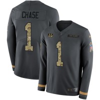 Nike Cincinnati Bengals #1 Ja'Marr Chase Anthracite Salute to Service Youth Stitched NFL Limited Therma Long Sleeve Jersey