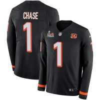 Nike Cincinnati Bengals #1 Ja'Marr Chase Black Team Color Super Bowl LVI Patch Youth Stitched NFL Limited Therma Long Sleeve Jersey