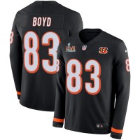Nike Cincinnati Bengals #83 Tyler Boyd Black Team Color Super Bowl LVI Patch Youth Stitched NFL Limited Therma Long Sleeve Jersey