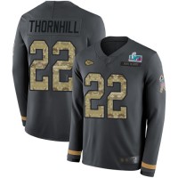 Nike Kansas City Chiefs #22 Juan Thornhill Anthracite Super Bowl LVII Patch Salute to Service Youth Stitched NFL Limited Therma Long Sleeve Jersey