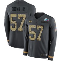 Nike Kansas City Chiefs #57 Orlando Brown Jr. Anthracite Super Bowl LVII Patch Salute to Service Youth Stitched NFL Limited Therma Long Sleeve Jersey