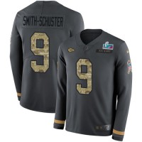 Nike Kansas City Chiefs #9 JuJu Smith-Schuster Anthracite Super Bowl LVII Patch Salute to Service Youth Stitched NFL Limited Therma Long Sleeve Jersey