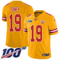 Nike Kansas City Chiefs #19 Kadarius Toney Gold Super Bowl LVII Patch Youth Stitched NFL Limited Inverted Legend 100th Season Jersey